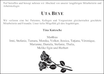 Traueranzeige von Uta Beye von Deister- und Weserzeitung