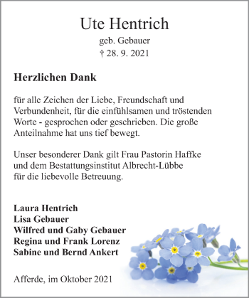 Traueranzeige von Ute Hentrich von Deister- und Weserzeitung