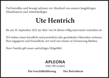 Traueranzeige von Ute Hentrich von Deister- und Weserzeitung