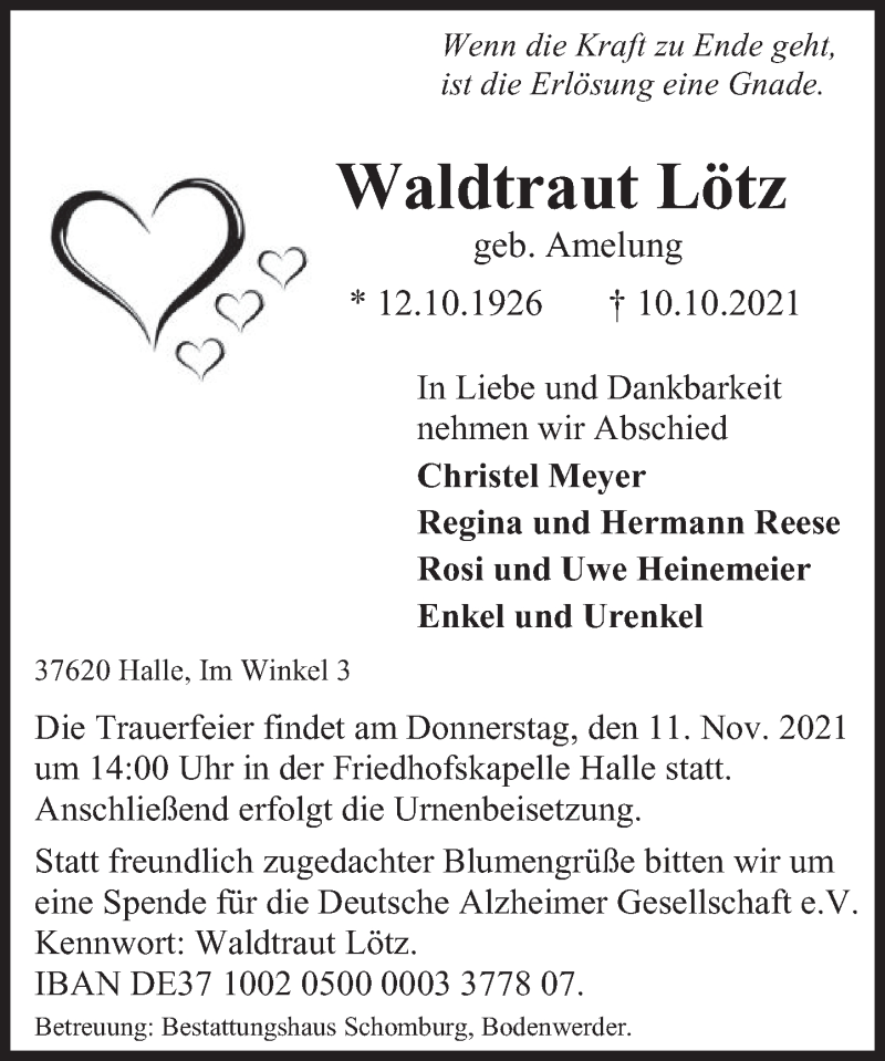  Traueranzeige für Waldtraut Lötz vom 06.11.2021 aus Deister- und Weserzeitung