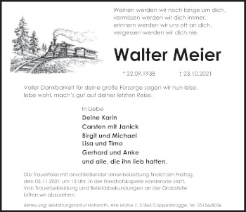 Traueranzeige von Walter Meier von Deister- und Weserzeitung