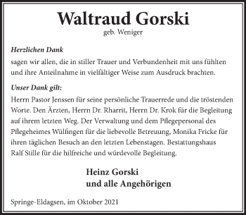 Traueranzeige von Waltraud Gorski von Neue Deister-Zeitung