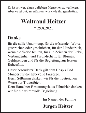 Traueranzeige von Waltraud Heitzer von Deister- und Weserzeitung