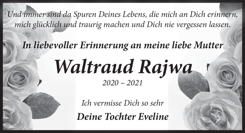  Traueranzeige für Waltraud Rajwa vom 09.10.2021 aus Deister- und Weserzeitung