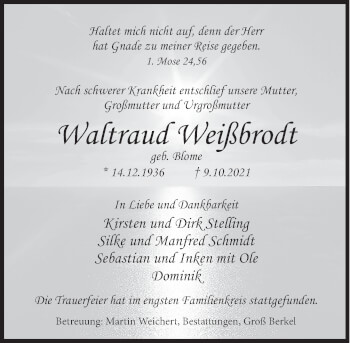Traueranzeige von Waltraud Weißbrodt von Deister- und Weserzeitung