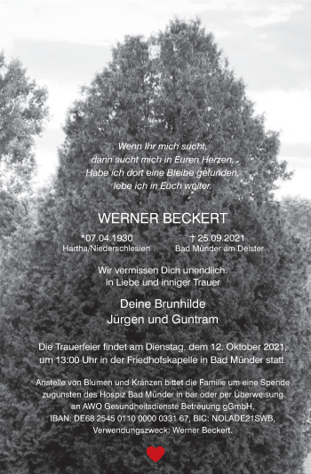 Traueranzeige von Werner Beckert von Neue Deister-Zeitung