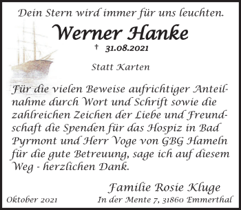 Traueranzeige von Werner Hanke von Deister- und Weserzeitung