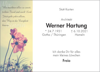 Traueranzeige von Werner Hartung von Deister- und Weserzeitung