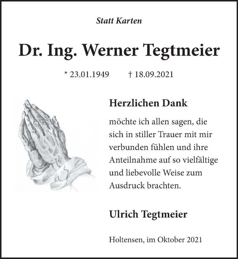  Traueranzeige für Werner Tegtmeier vom 30.10.2021 aus Neue Deister-Zeitung
