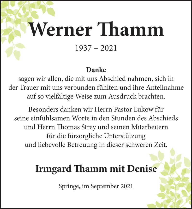  Traueranzeige für Werner Thamm vom 02.10.2021 aus Neue Deister-Zeitung