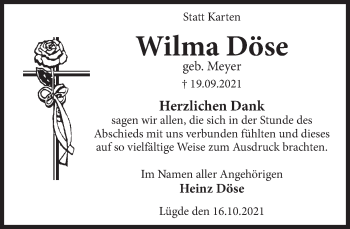 Traueranzeige von Wilma Döse von Deister- und Weserzeitung