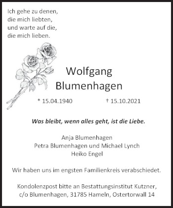 Traueranzeige von Wolfgang Blumenhagen von Deister- und Weserzeitung