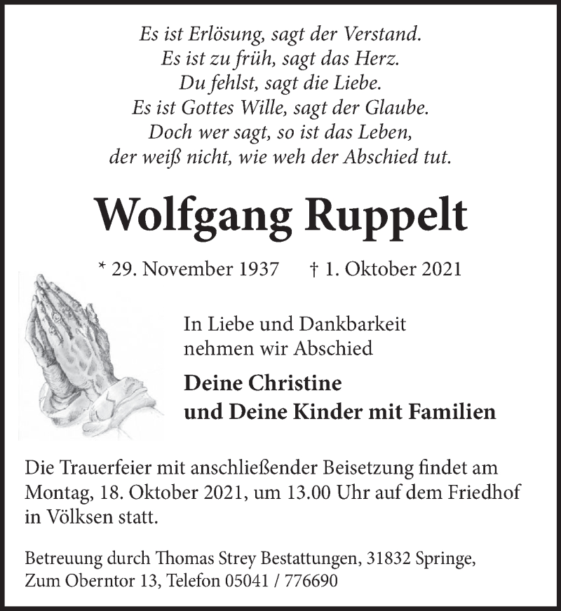  Traueranzeige für Wolfgang Ruppelt vom 09.10.2021 aus Neue Deister-Zeitung