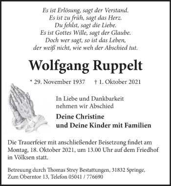 Traueranzeige von Wolfgang Ruppelt von Neue Deister-Zeitung