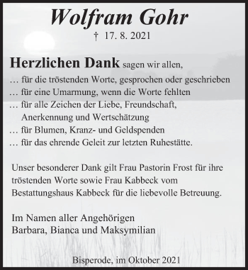 Traueranzeige von Wolfram Gohr von Deister- und Weserzeitung