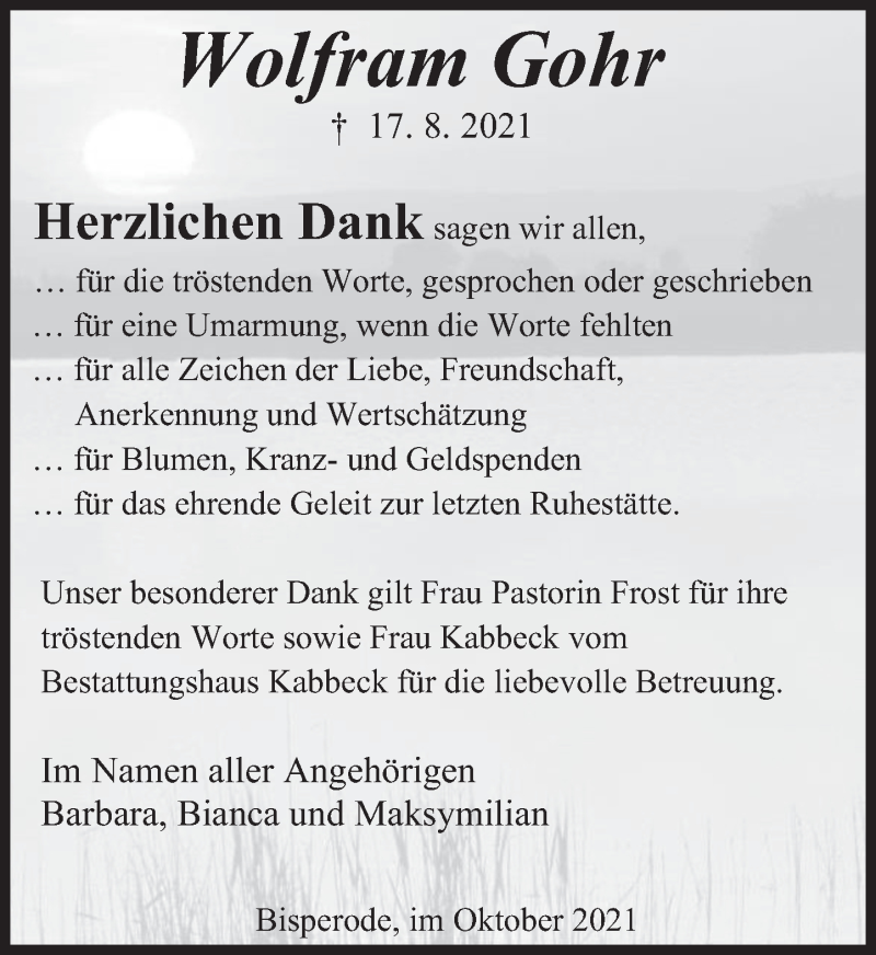  Traueranzeige für Wolfram Gohr vom 09.10.2021 aus Deister- und Weserzeitung