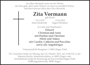 Traueranzeige von Zita Vormann von Deister- und Weserzeitung