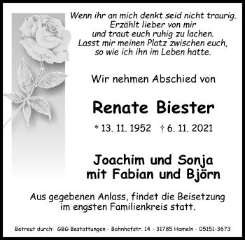 Traueranzeige von Renate Biester von Deister- und Weserzeitung