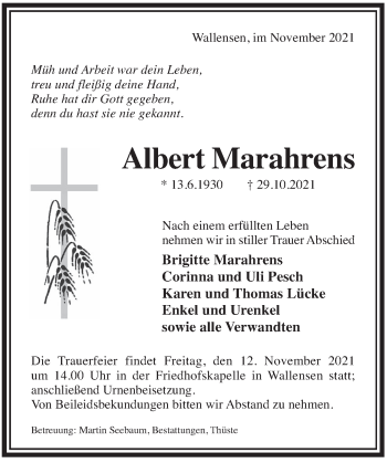 Traueranzeige von Albert Marahrens von Deister- und Weserzeitung