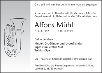 Traueranzeige von Alfons Mühl von Deister- und Weserzeitung