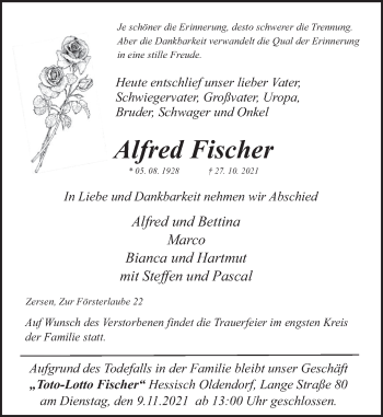 Traueranzeige von Alfred Fischer von Deister- und Weserzeitung