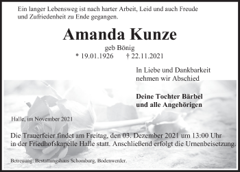 Traueranzeige von Amanda Kunze von Deister- und Weserzeitung