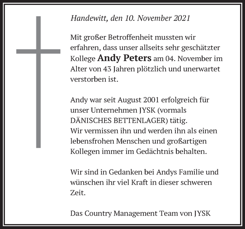  Traueranzeige für Andy Peters vom 10.11.2021 aus Deister- und Weserzeitung