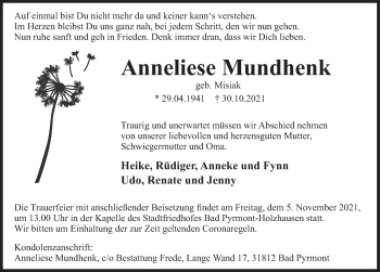 Traueranzeige von Anneliese Mundhenk von Deister- und Weserzeitung