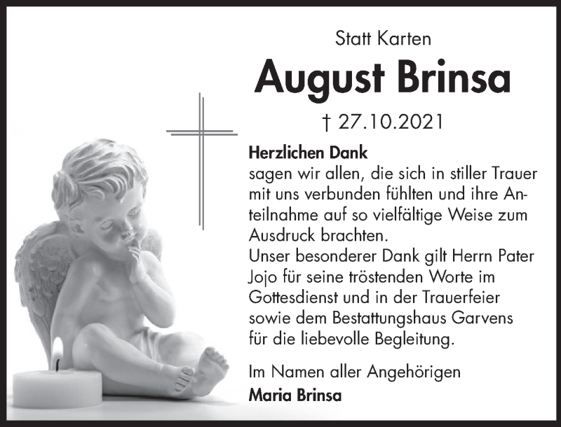  Traueranzeige für August Brinsa vom 27.11.2021 aus Deister- und Weserzeitung