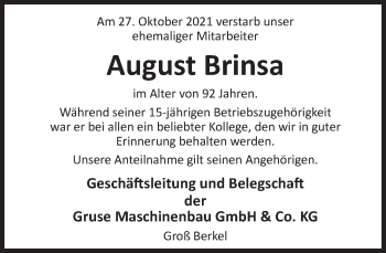 Traueranzeige von August Brinsa von Deister- und Weserzeitung