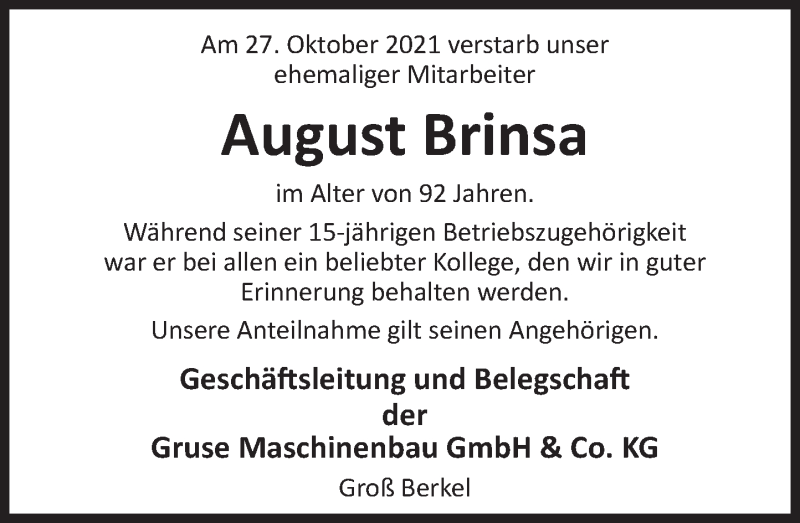  Traueranzeige für August Brinsa vom 17.11.2021 aus Deister- und Weserzeitung