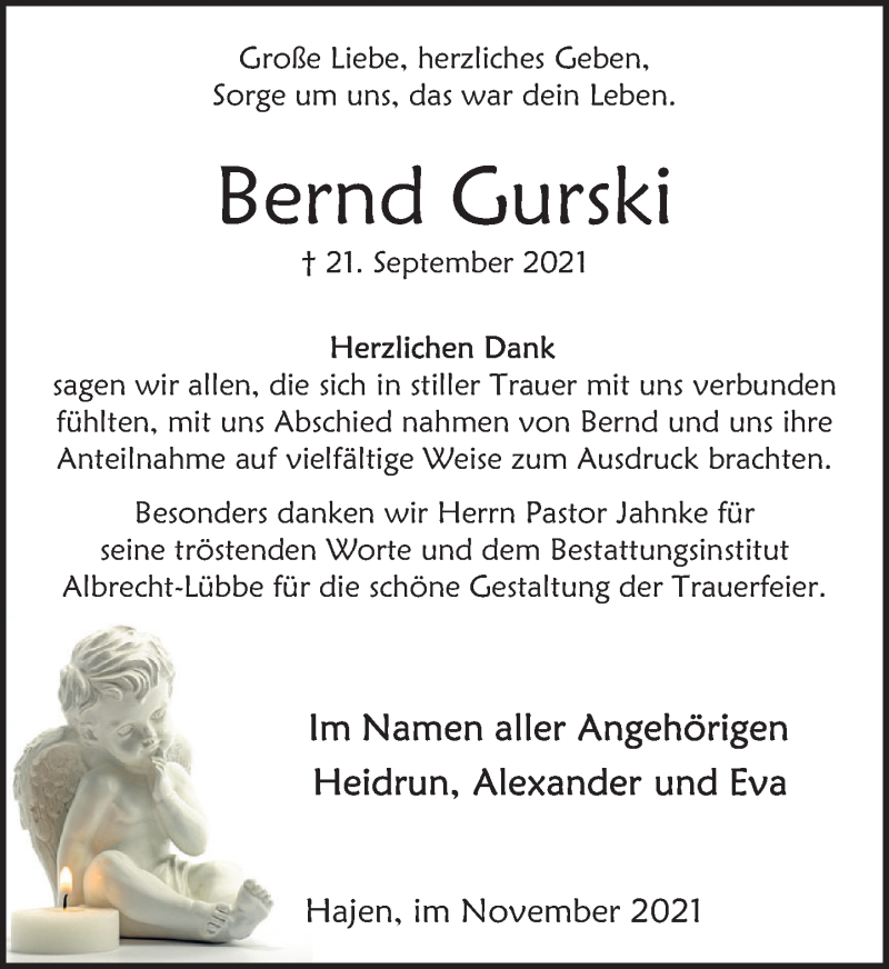  Traueranzeige für Bernd Gurski vom 06.11.2021 aus Deister- und Weserzeitung