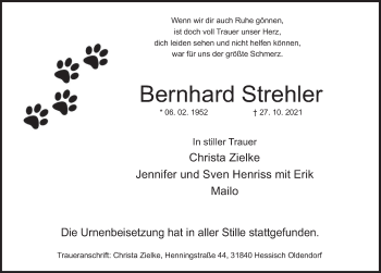 Traueranzeige von Bernhard Strehler von Deister- und Weserzeitung
