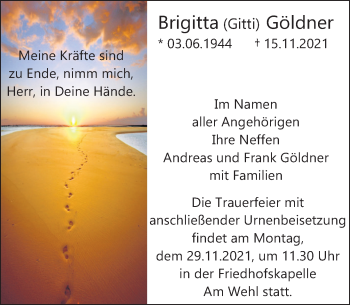 Traueranzeige von Brigitta  Göldner von Deister- und Weserzeitung