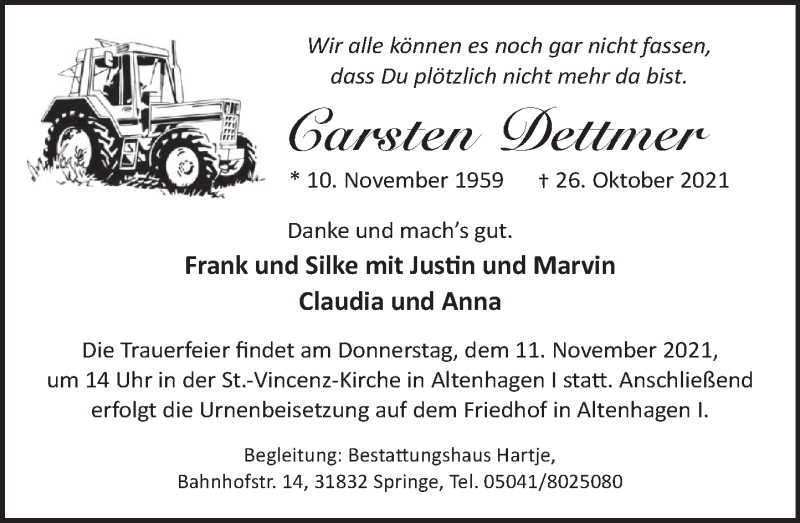  Traueranzeige für Carsten Dettmer vom 06.11.2021 aus Neue Deister-Zeitung
