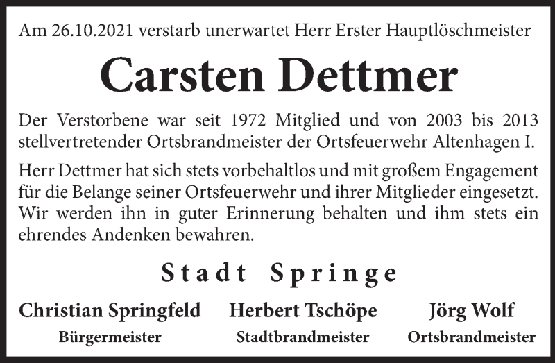  Traueranzeige für Carsten Dettmer vom 06.11.2021 aus Neue Deister-Zeitung