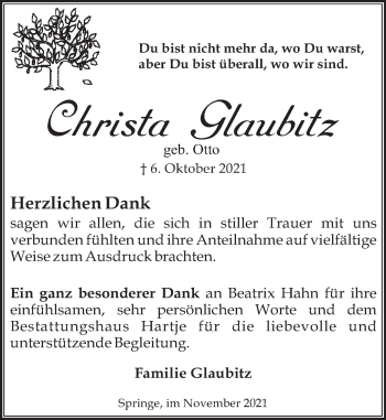 Traueranzeige von Christa Glaubitz von Neue Deister-Zeitung