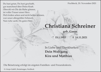 Traueranzeige von Christiana Schreiner von Deister- und Weserzeitung