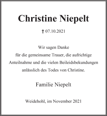 Traueranzeige von Christine Niepelt von Deister- und Weserzeitung