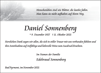 Traueranzeige von Daniel Sonnenberg von Deister- und Weserzeitung