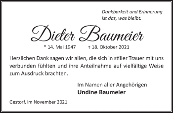 Traueranzeige von Dieter Baumeier von Neue Deister-Zeitung
