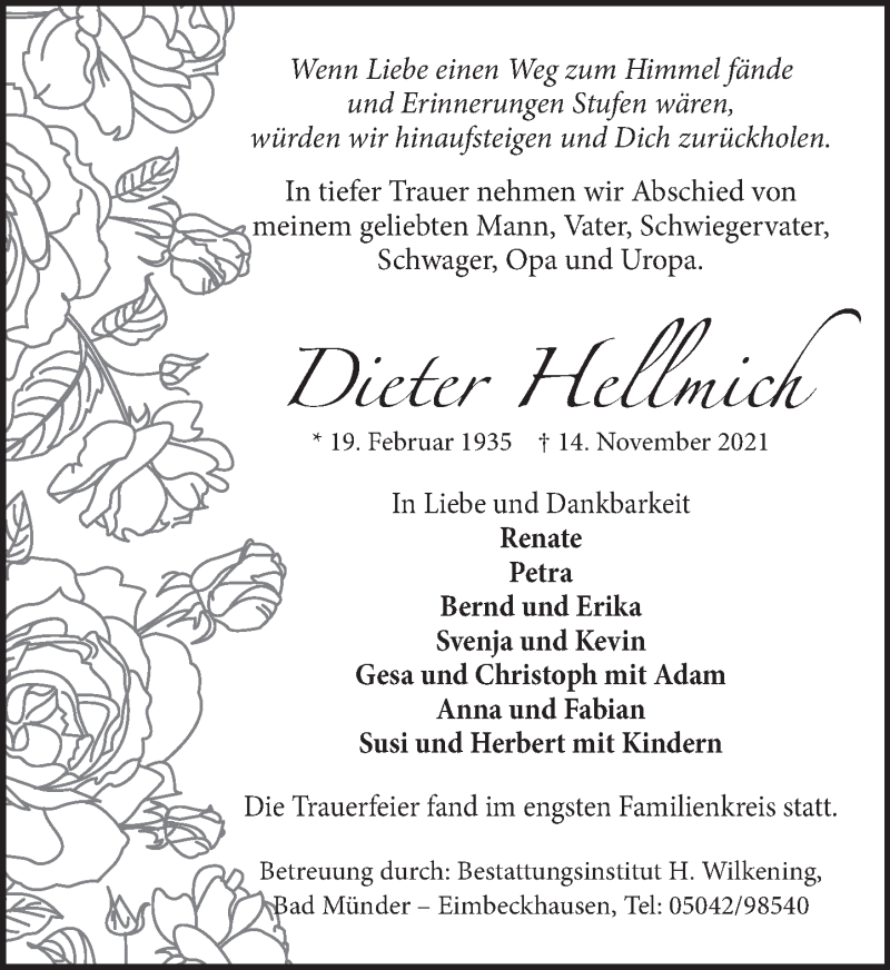  Traueranzeige für Dieter Hellmich vom 27.11.2021 aus Neue Deister-Zeitung