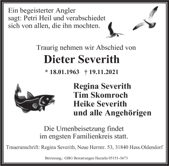 Traueranzeige von Dieter Severith von Deister- und Weserzeitung
