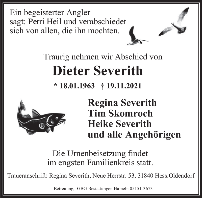  Traueranzeige für Dieter Severith vom 27.11.2021 aus Deister- und Weserzeitung