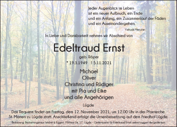 Traueranzeige von Edeltraud Ernst von Deister- und Weserzeitung