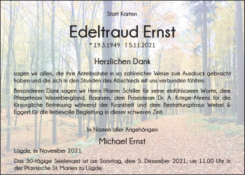 Traueranzeige von Edeltraud Ernst von Deister- und Weserzeitung