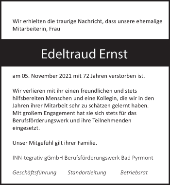 Traueranzeige von Edeltraut Ernst von Deister- und Weserzeitung