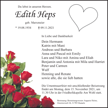 Traueranzeige von Edith Heps von Deister- und Weserzeitung