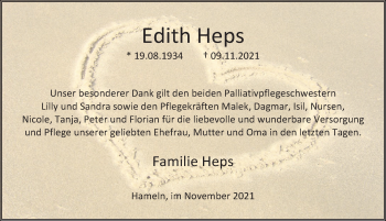 Traueranzeige von Edith Heps von Deister- und Weserzeitung