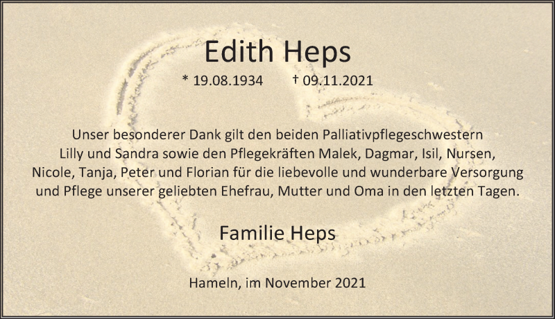  Traueranzeige für Edith Heps vom 13.11.2021 aus Deister- und Weserzeitung